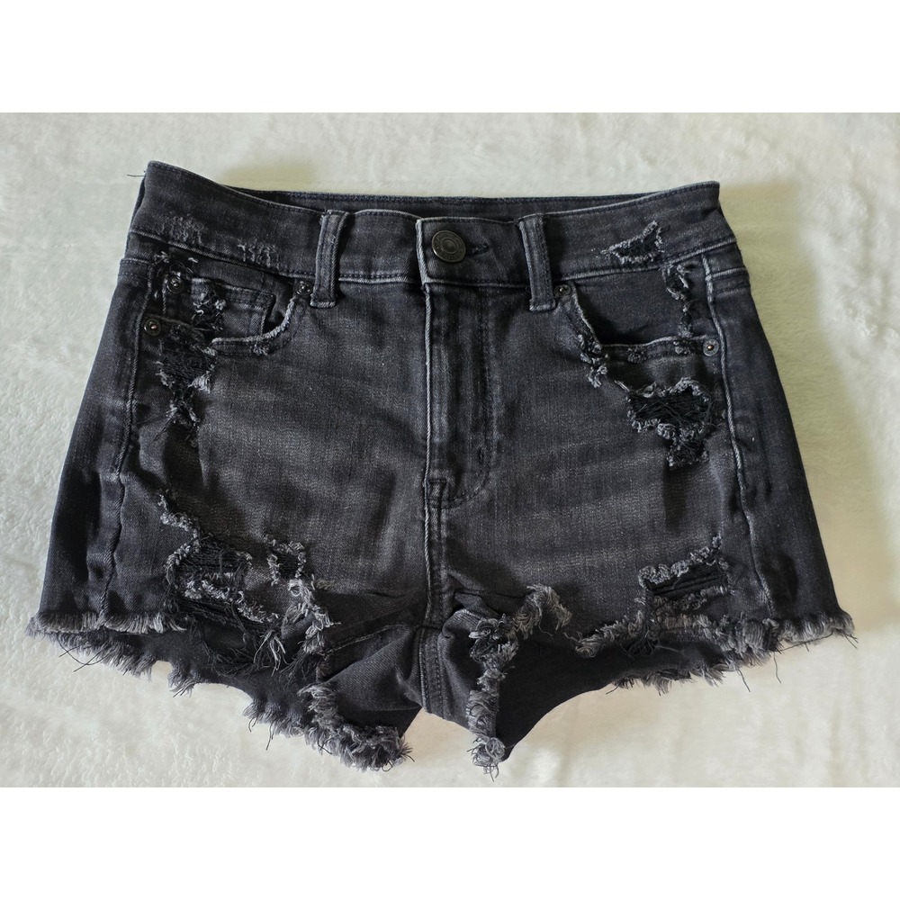 American Eagle Hi-Rise Festival Black Distressed Denim Shorts Size 0 Raw Hem